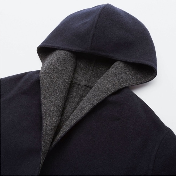Uniqlo szXS brush wool double faced hooded coat in navy/ gray - Picture 10 of 14
